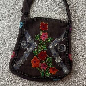 Rising International Boho Embroidered Flower Crossbody Bag‎ Brown Cotton Nepal